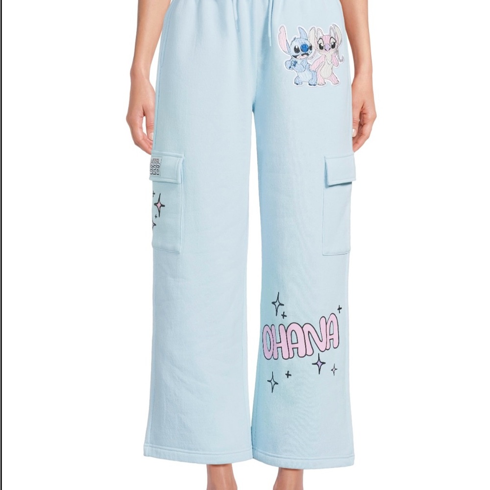 Disney Stitch & Angel Ohana Light Blue Cargo Wide Leg Sweatpants Cozy XXL